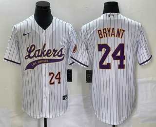 Men%27s Los Angeles Lakers #24 Kobe Bryant White Pinstripe With Patch Cool Base Stitched Baseball Jersey2